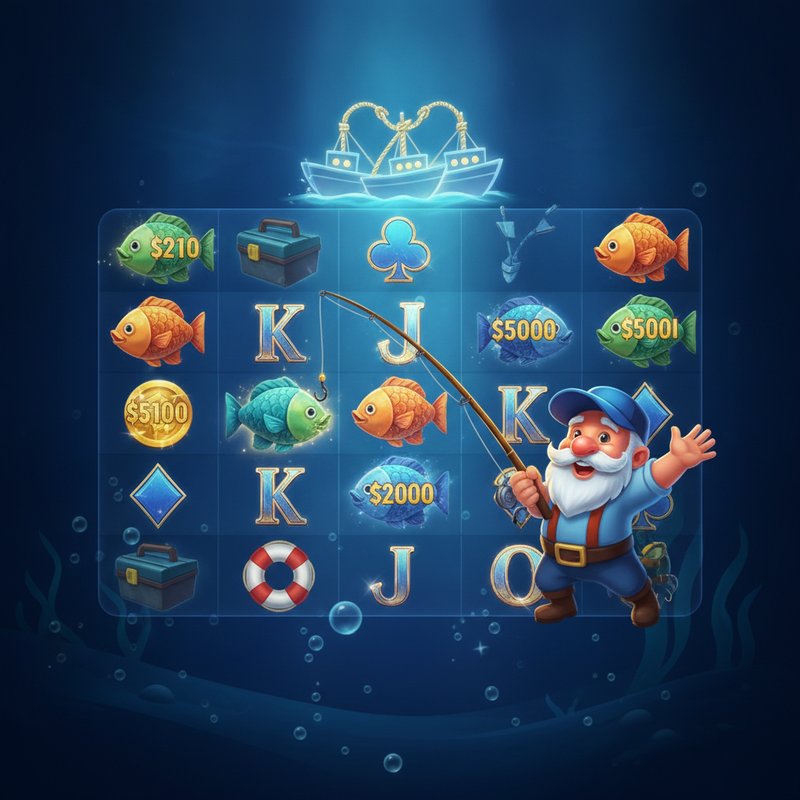 Fishin Frenzy free games feature with fisherman wild catching fish values on the reels