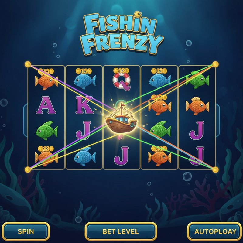 Fishin Frenzy gameplay showing coloured paylines and boat scatter with golden glow