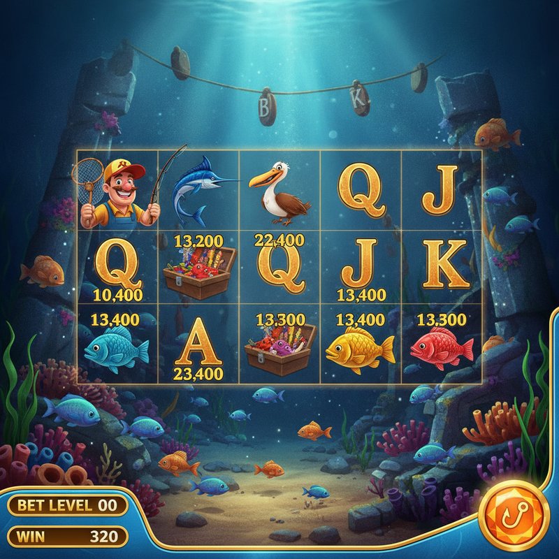 Fishin Frenzy slot main game screen with underwater ocean background and 5x3 reel grid