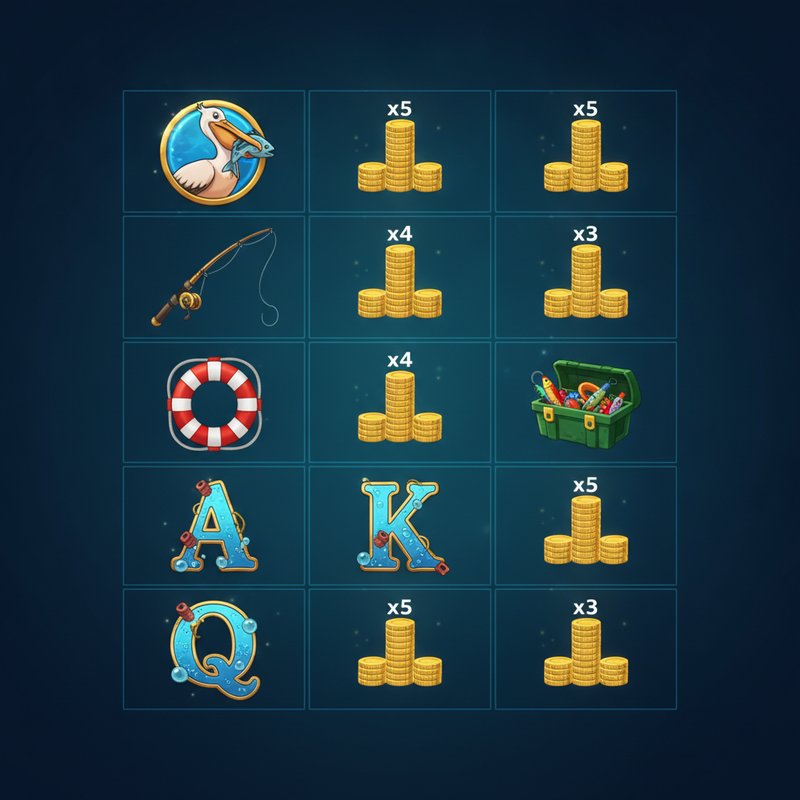 Fishin Frenzy paytable showing pelican, fishing rod, life preserver, tackle box and card symbol payouts
